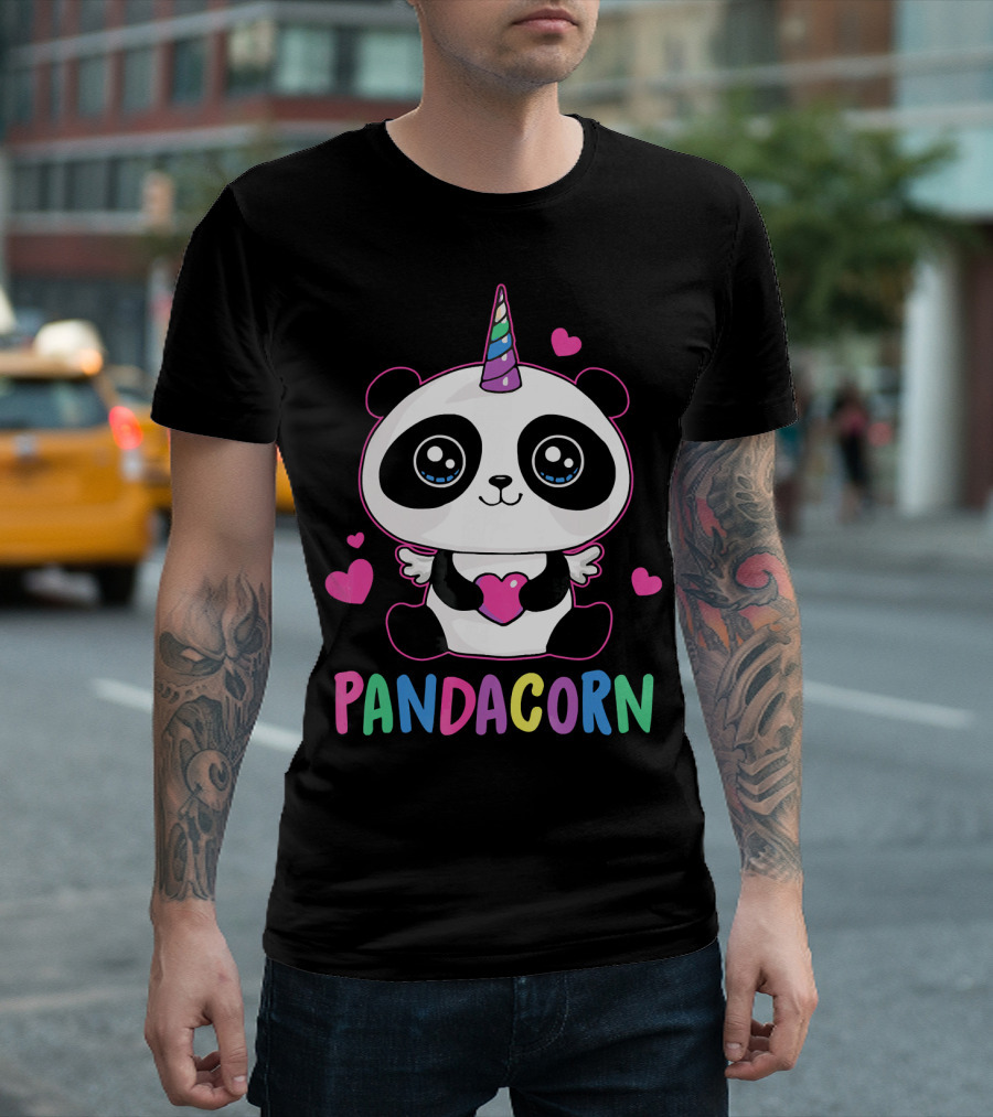 Panda Unicorn Pandacorn With Hearts and Wings T-Shirt