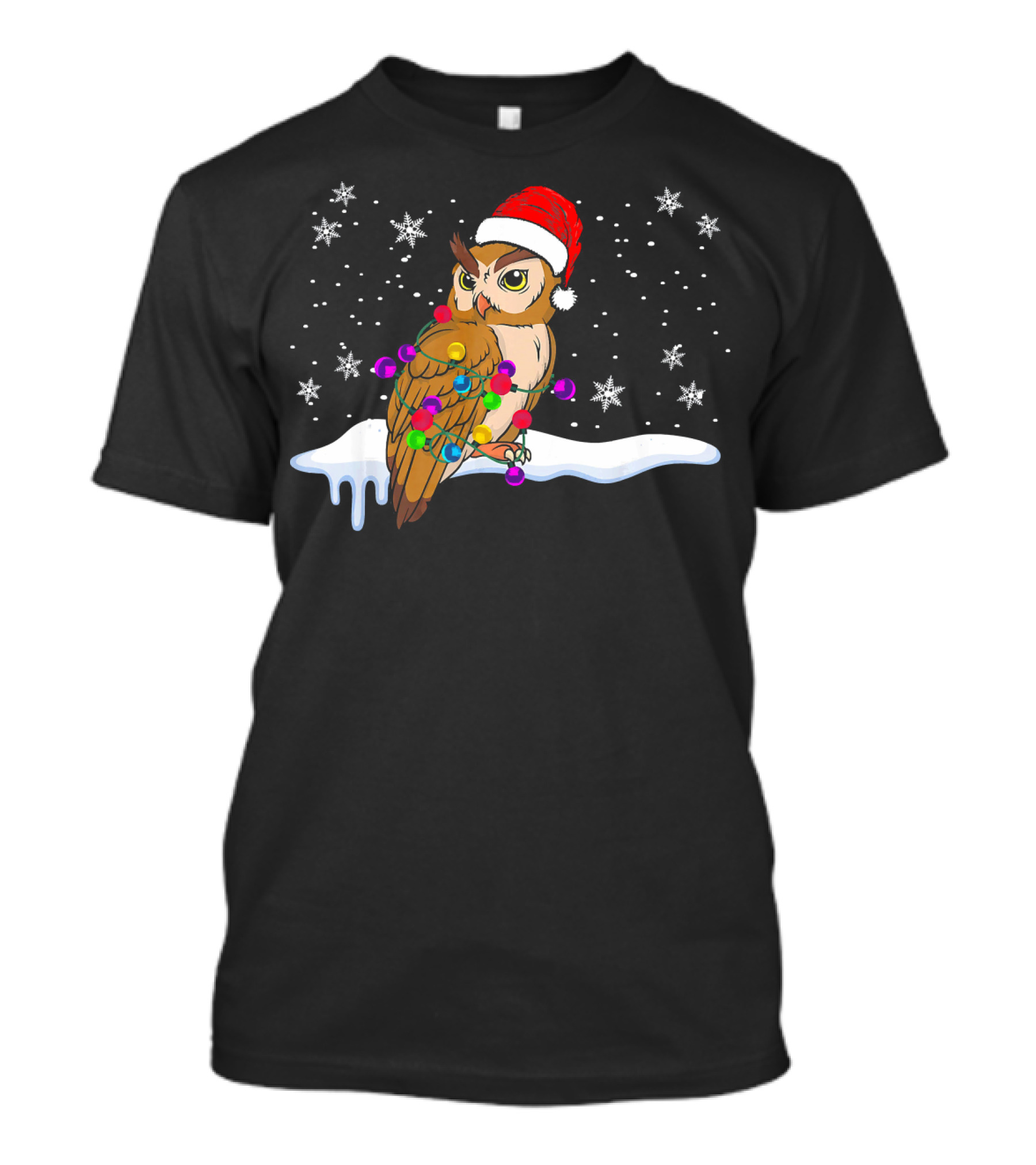 Owl Christmas Santa Hat String Lights Snowflakes T-Shirt