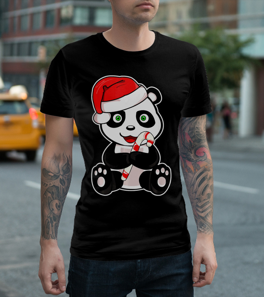 Panda Baby Christmas Candy Cane Santa Hat T-Shirt