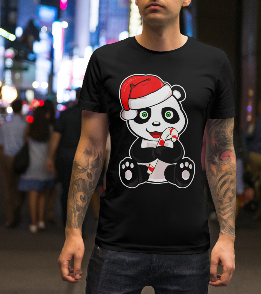 Panda Baby Christmas Candy Cane Santa Hat T-Shirt