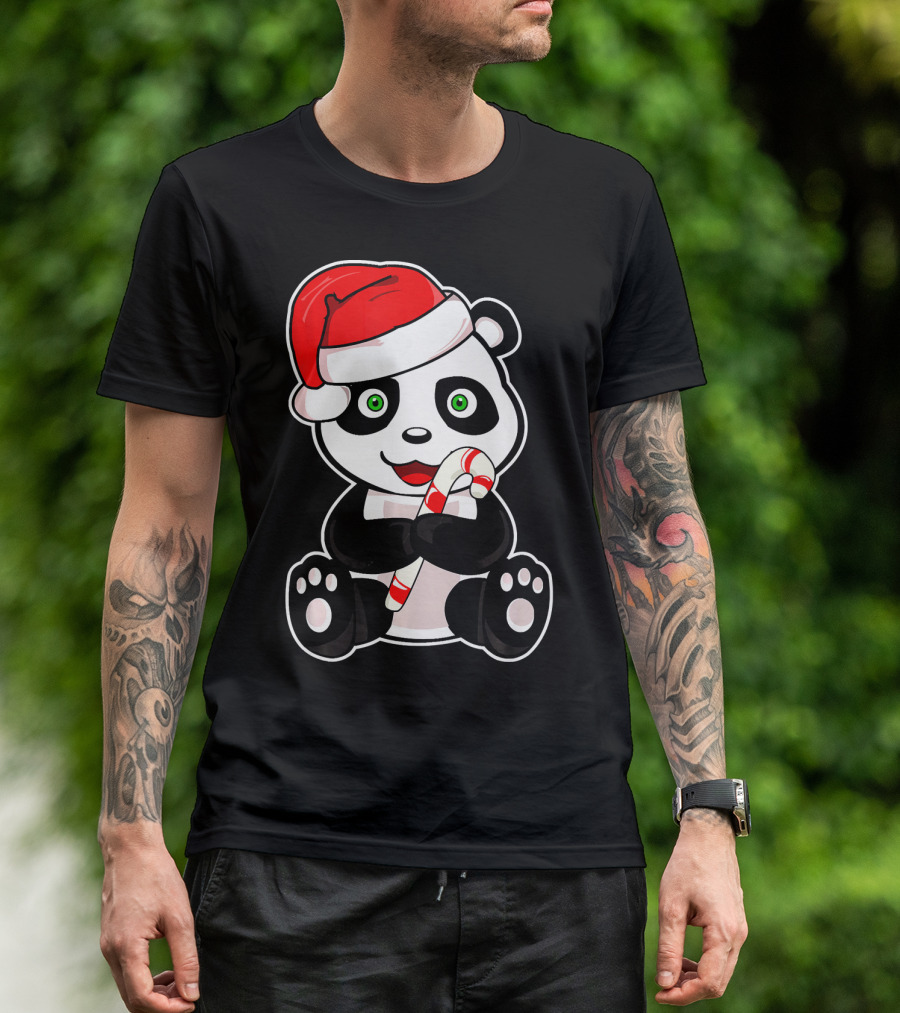 Panda Baby Christmas Candy Cane Santa Hat T-Shirt