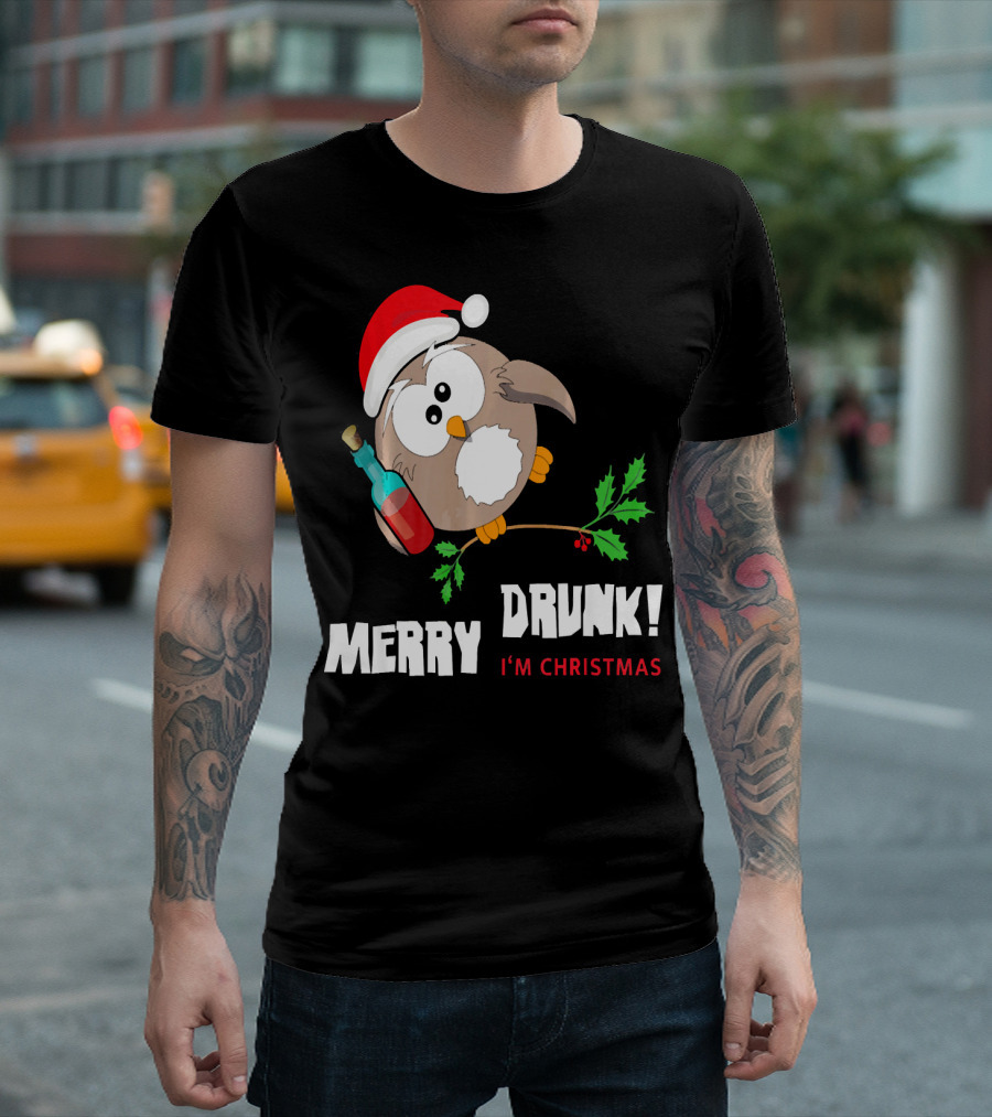 Merry Drunk Owl I'm Christmas Santa Hat Beer Party T-Shirt