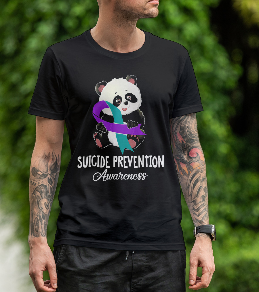 Panda With Teal And Purple Ribbon Suicide Prevention Awareness T-Shirt