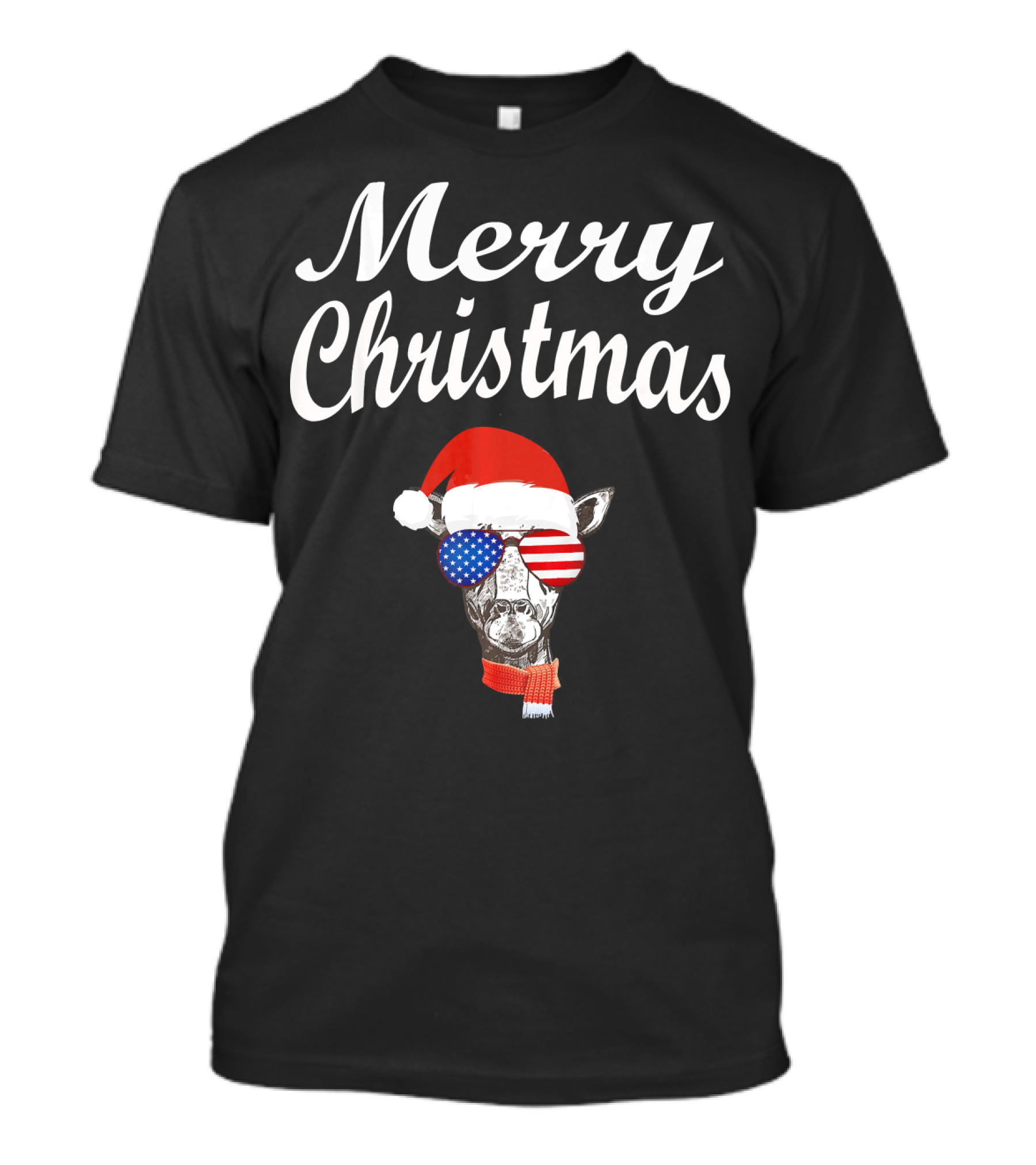 Merry Christmas Santa Hat Patriotic Giraffe With American Flag Sunglasses T-Shirt
