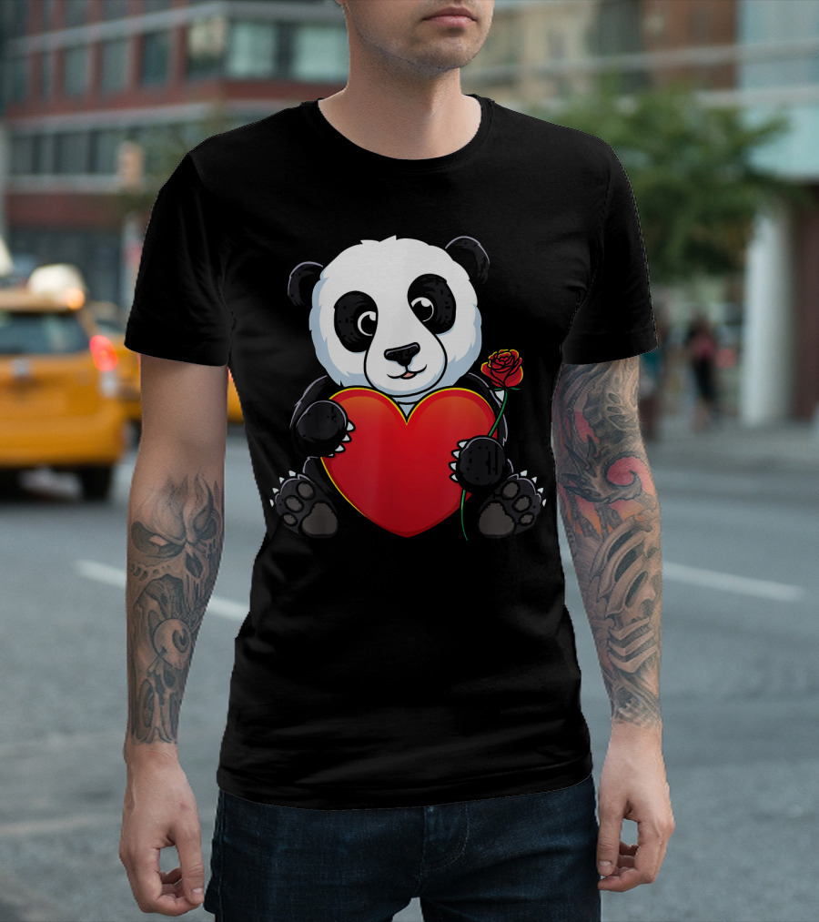 Panda Valentines Day Panda Bear Love Heart Rose T-Shirt