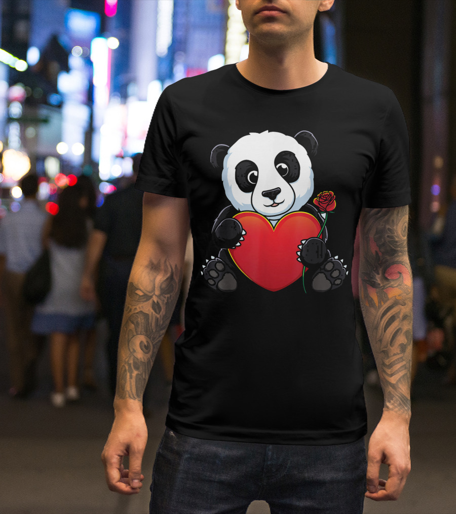 Panda Valentines Day Panda Bear Love Heart Rose T-Shirt