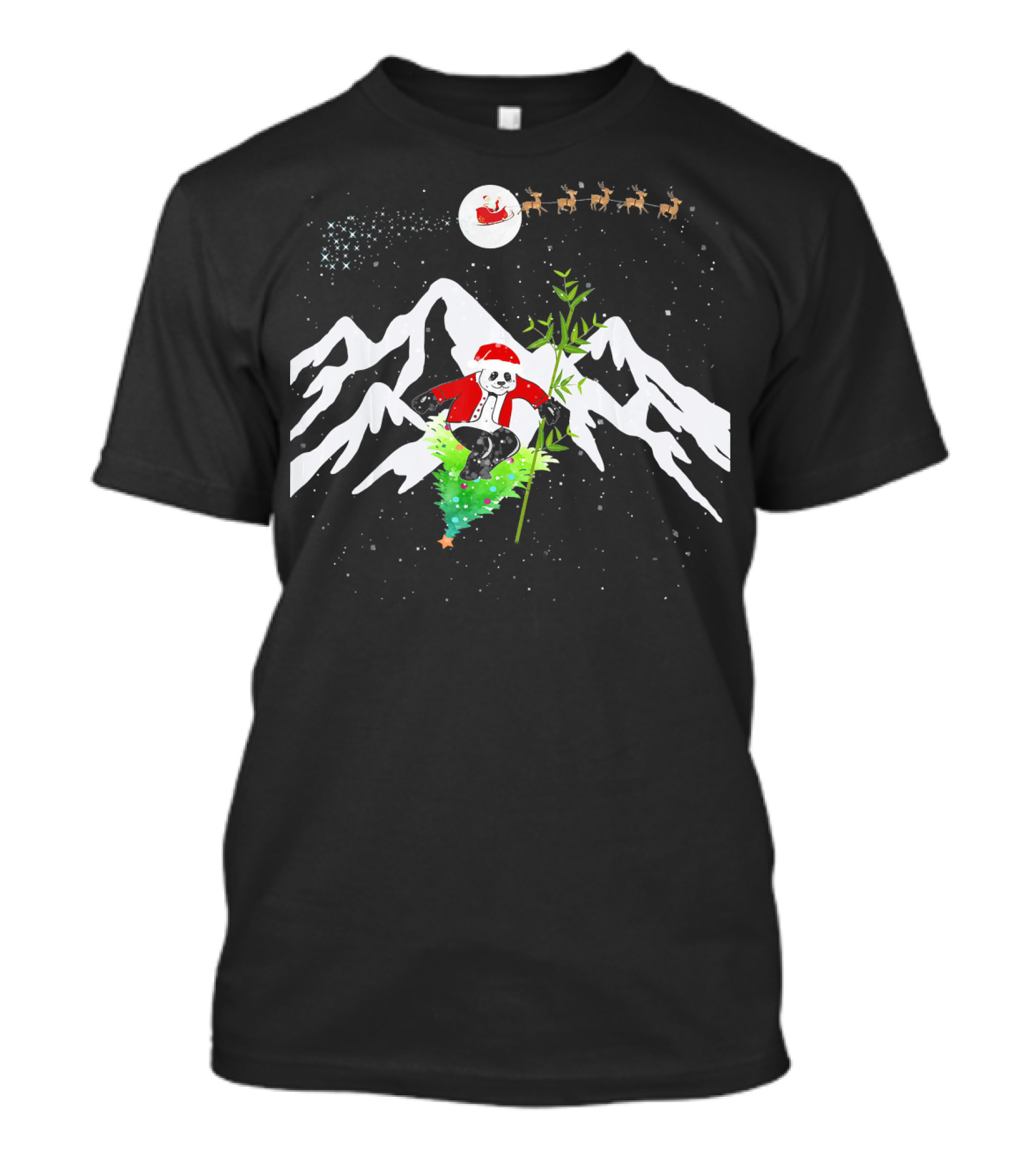 Panda Bear Skiing On Christmas Tree With Santa Hat And Reindeer In Snowy Mountains T-Shirt