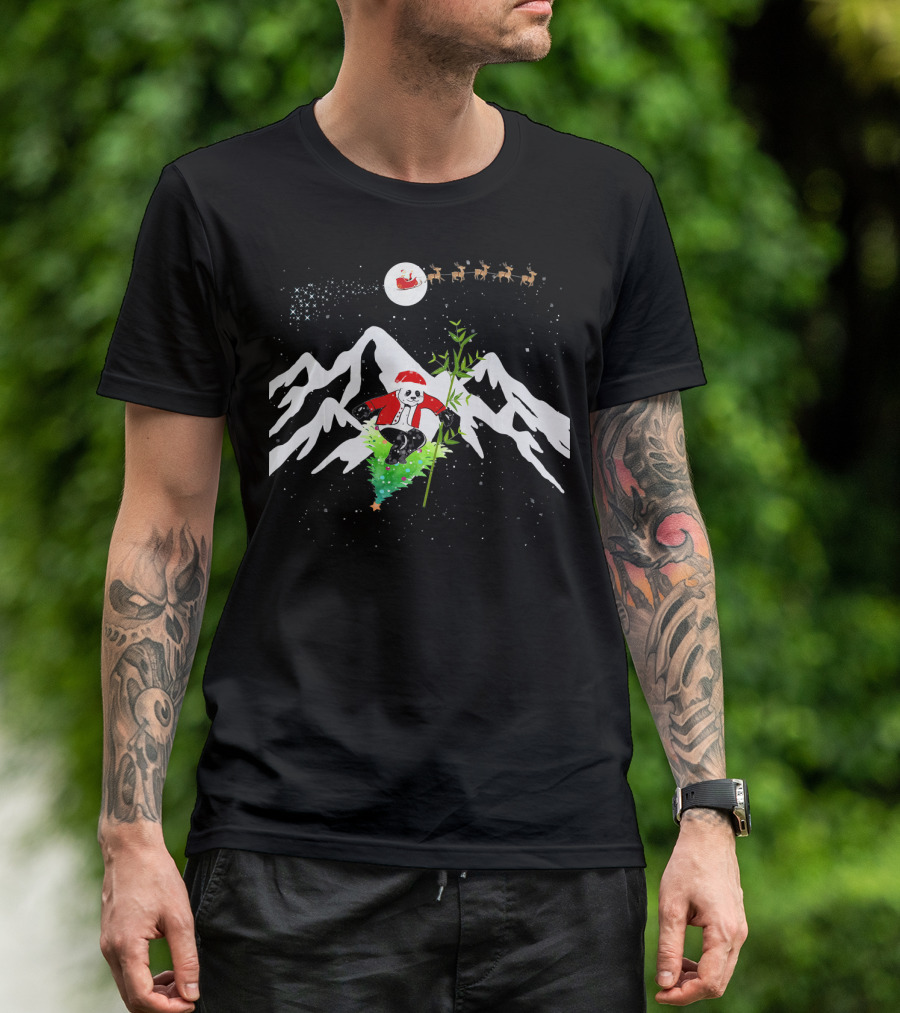Panda Bear Skiing On Christmas Tree With Santa Hat And Reindeer In Snowy Mountains T-Shirt