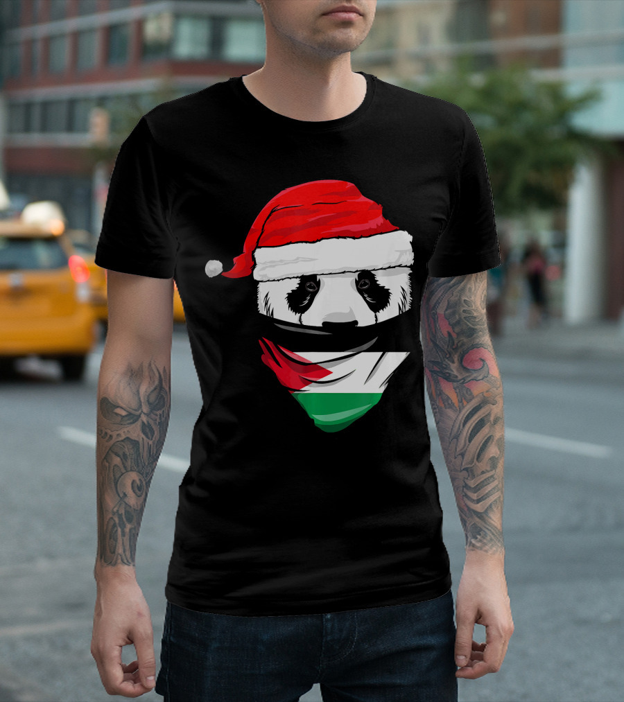 Panda Wearing Santa Hat and Jordanian Flag Bandana T-Shirt