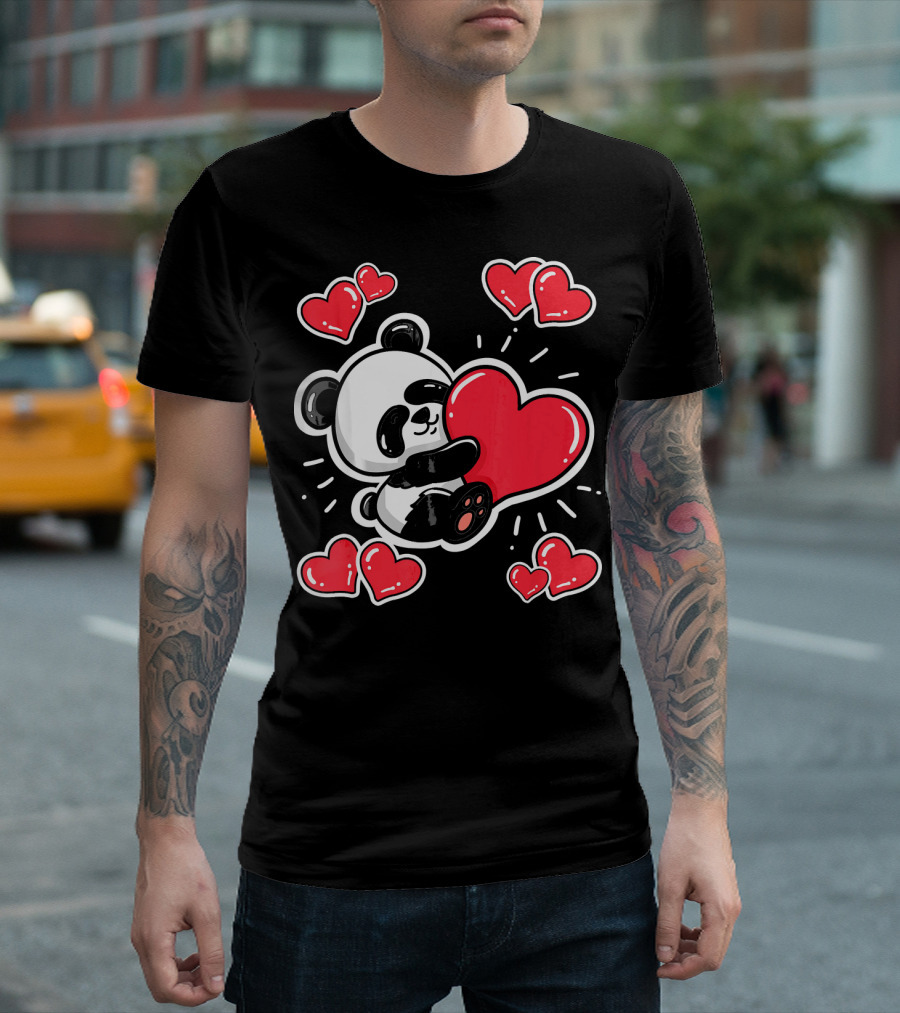 Panda Holding Red Hearts Valentines T-Shirt