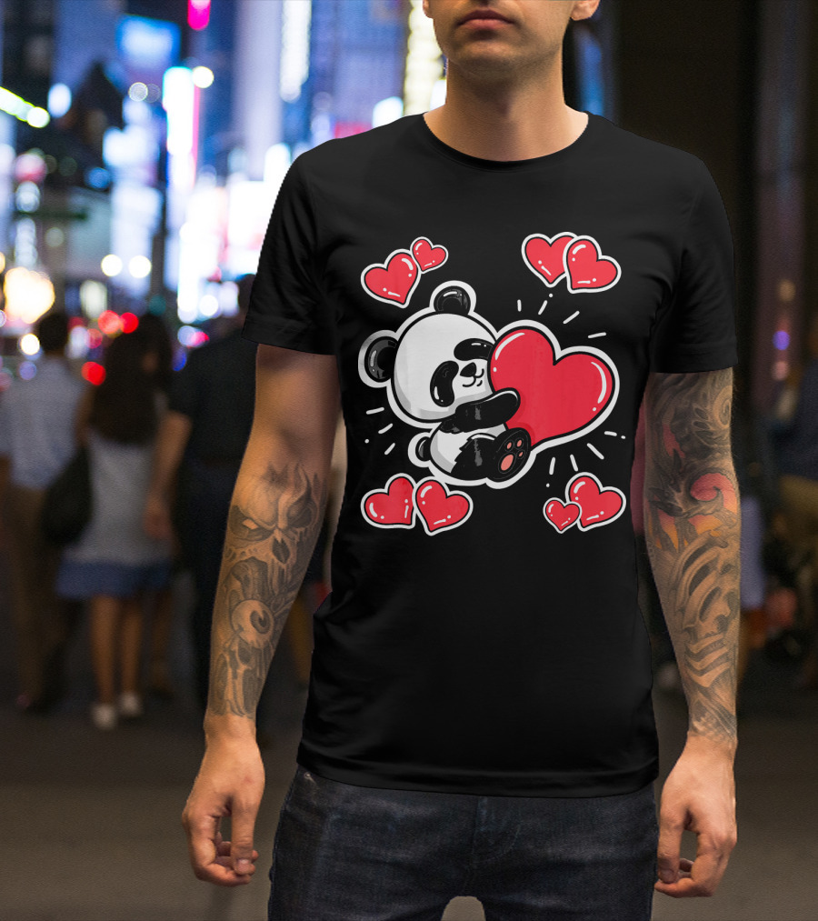 Panda Holding Red Hearts Valentines T-Shirt