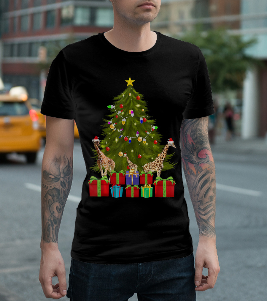 Santa Giraffes with Christmas Tree and Presents T-Shirt