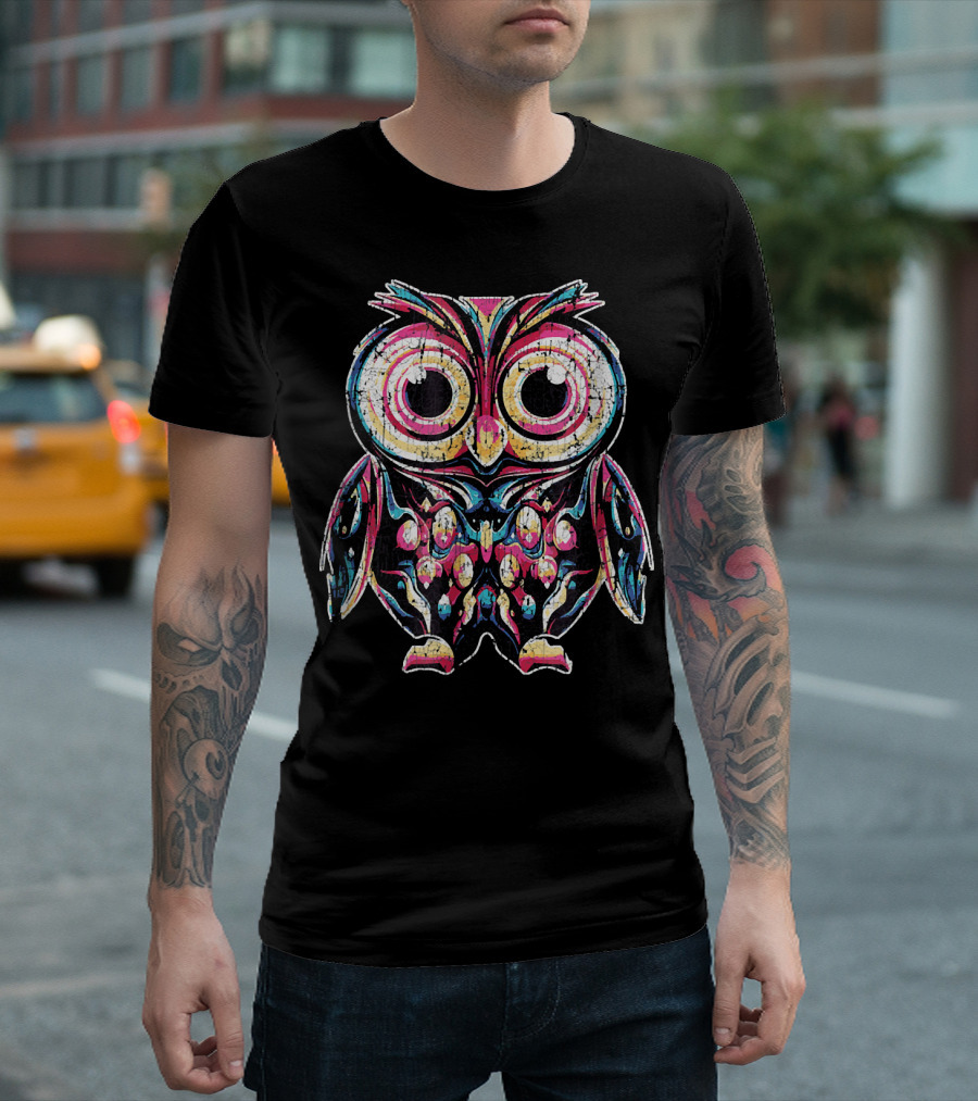 Smart Owl Emoji Fun Funny Stuff Bright Colorful Pattern Owl T-Shirt