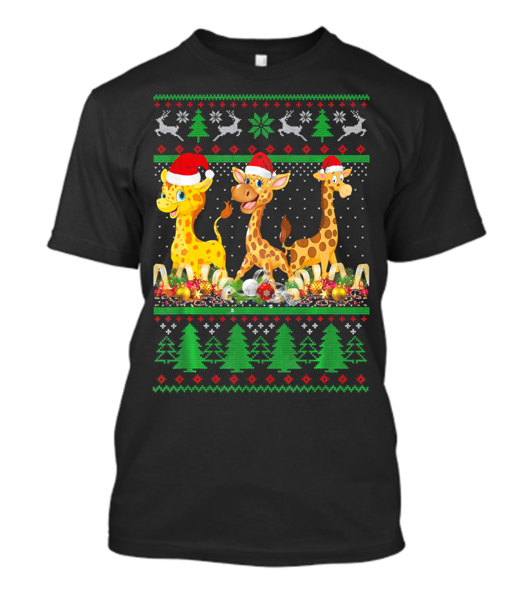 Ugly Christmas Giraffe Santa Hat Lights Festive Holiday Sweater Reindeer Trees T-Shirt