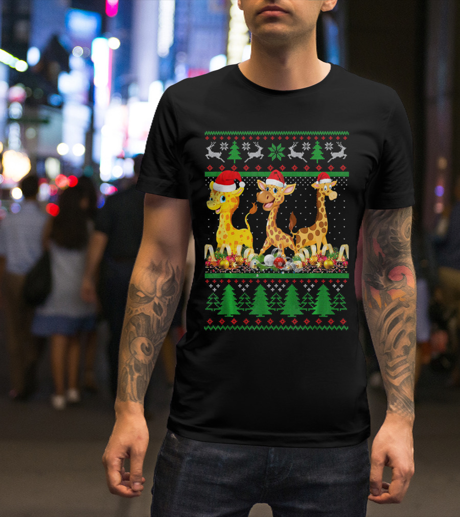 Ugly Christmas Giraffe Santa Hat Lights Festive Holiday Sweater Reindeer Trees T-Shirt