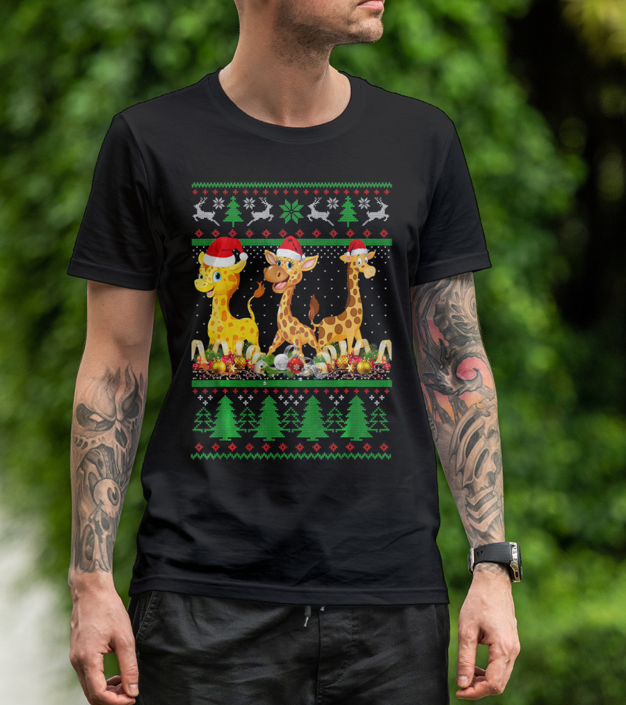 Ugly Christmas Giraffe Santa Hat Lights Festive Holiday Sweater Reindeer Trees T-Shirt