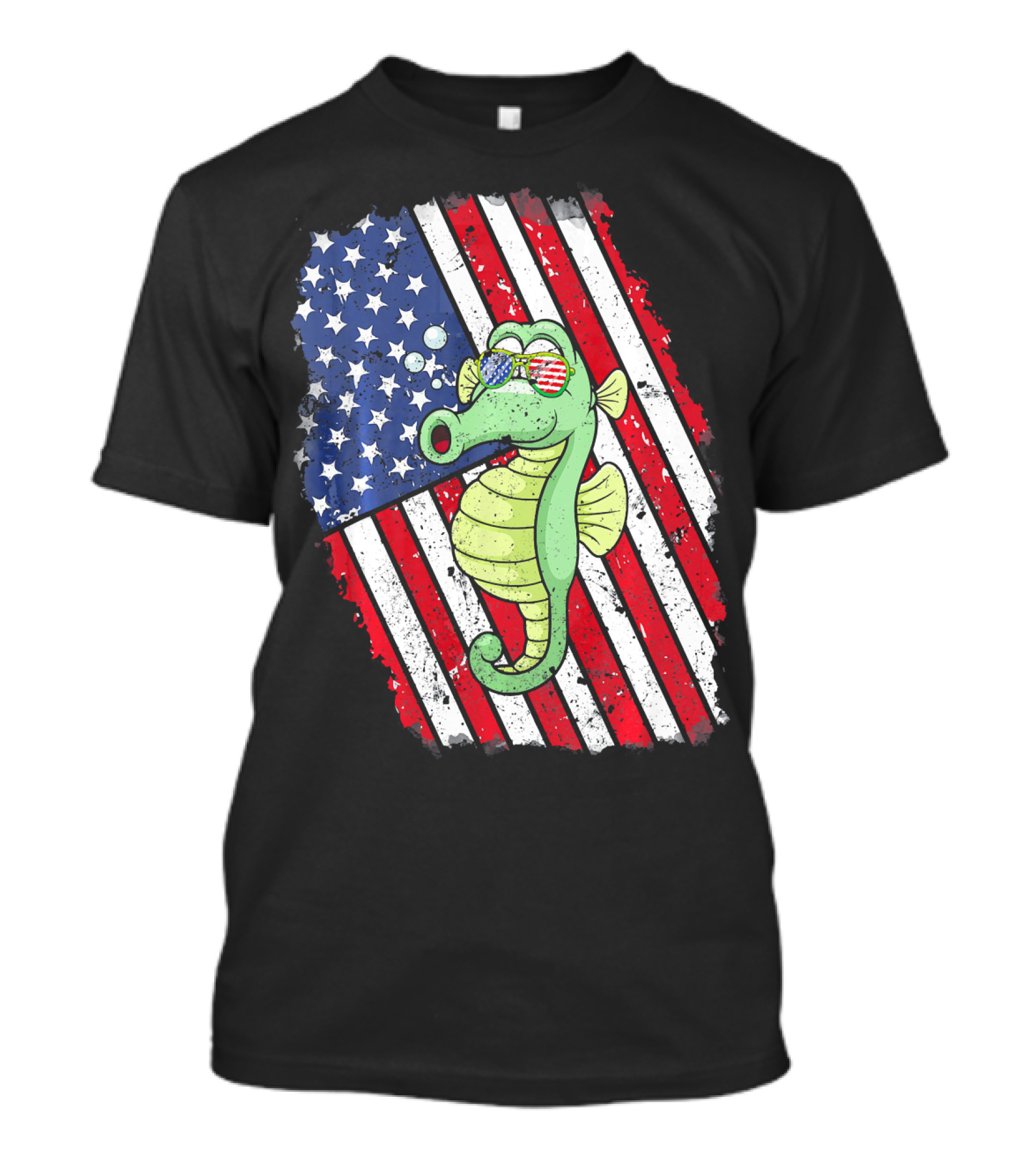 Seahorse Wearing Sunglasses With American Flag Background T-Shirt