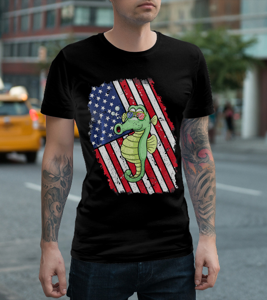 Seahorse Wearing Sunglasses With American Flag Background T-Shirt