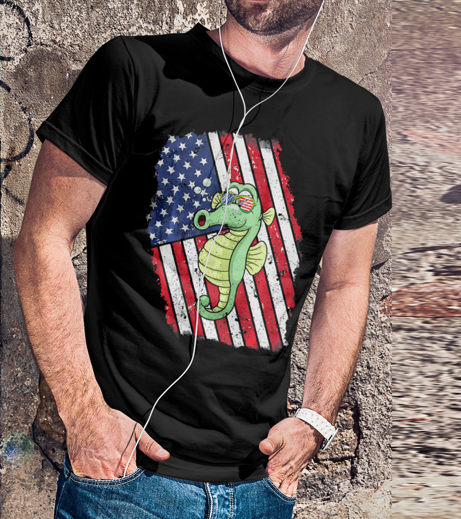 Seahorse Wearing Sunglasses With American Flag Background T-Shirt
