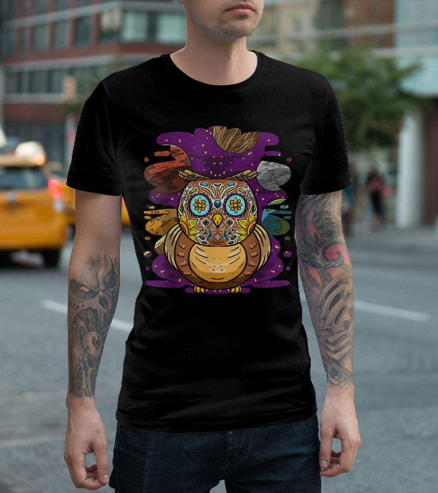Sugar Skull Owl Retro Galactic Planets Day T-Shirt