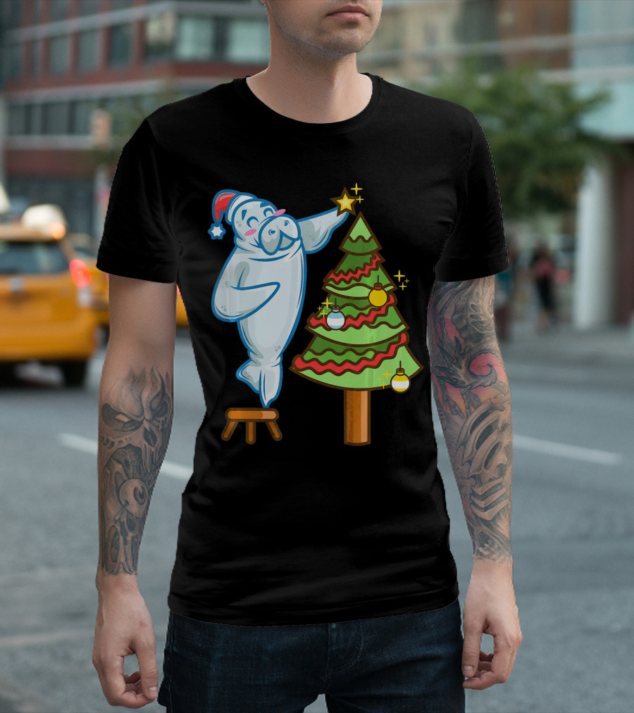 Santa Sea Cow Decorating Christmas Tree With Star Topper T-Shirt