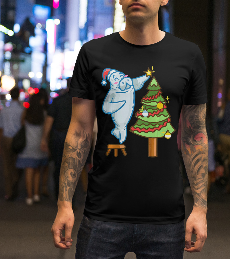 Santa Sea Cow Decorating Christmas Tree With Star Topper T-Shirt