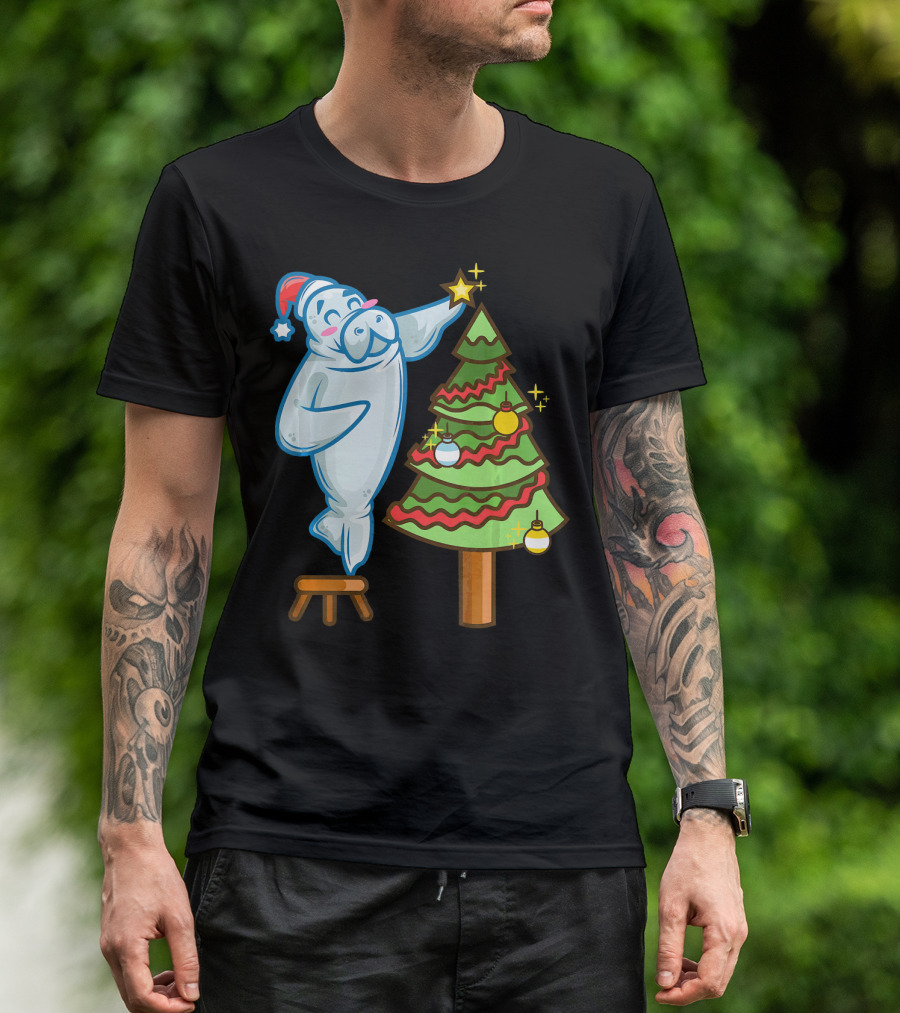 Santa Sea Cow Decorating Christmas Tree With Star Topper T-Shirt
