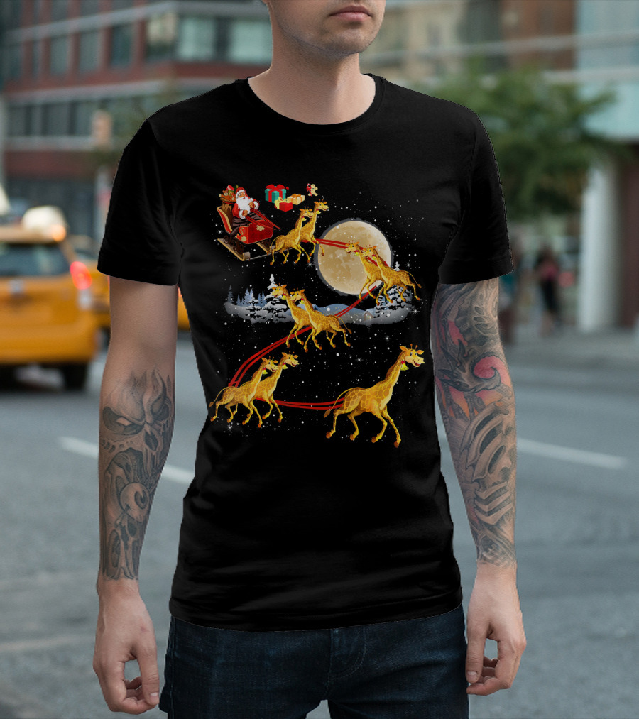Santa Claus Sleigh Moonlight Giraffe Reindeer Christmas T-Shirt