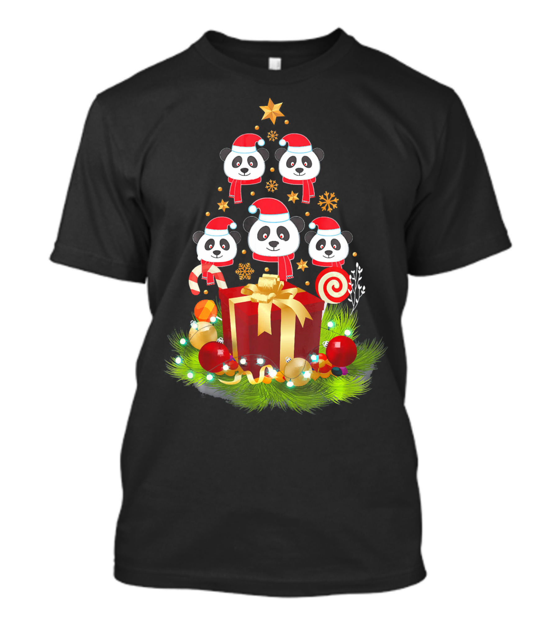 Santa Panda Christmas Tree Funny Xmas Decor With Presents And Candy Canes T-Shirt