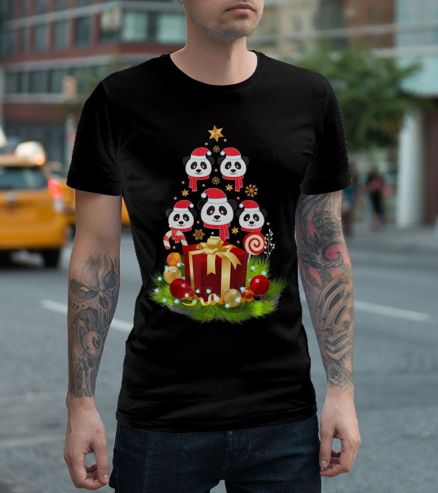Santa Panda Christmas Tree Funny Xmas Decor with Presents and Candy Canes T-Shirt