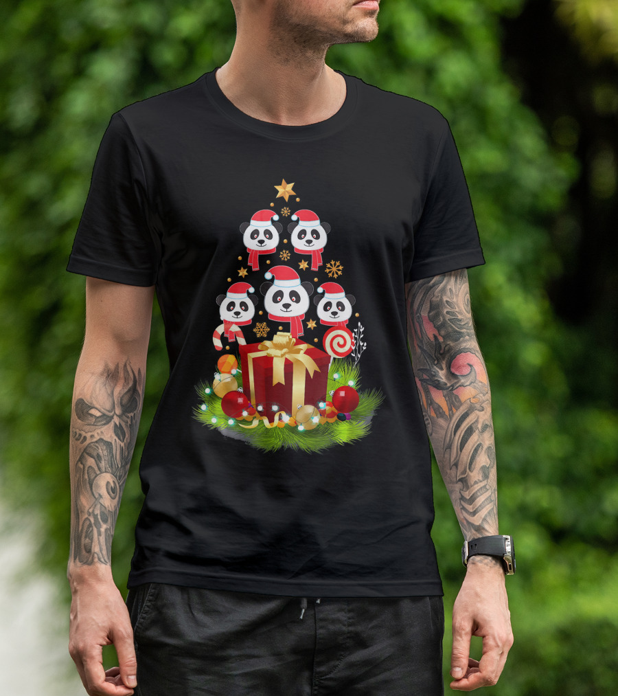 Santa Panda Christmas Tree Funny Xmas Decor With Presents And Candy Canes T-Shirt