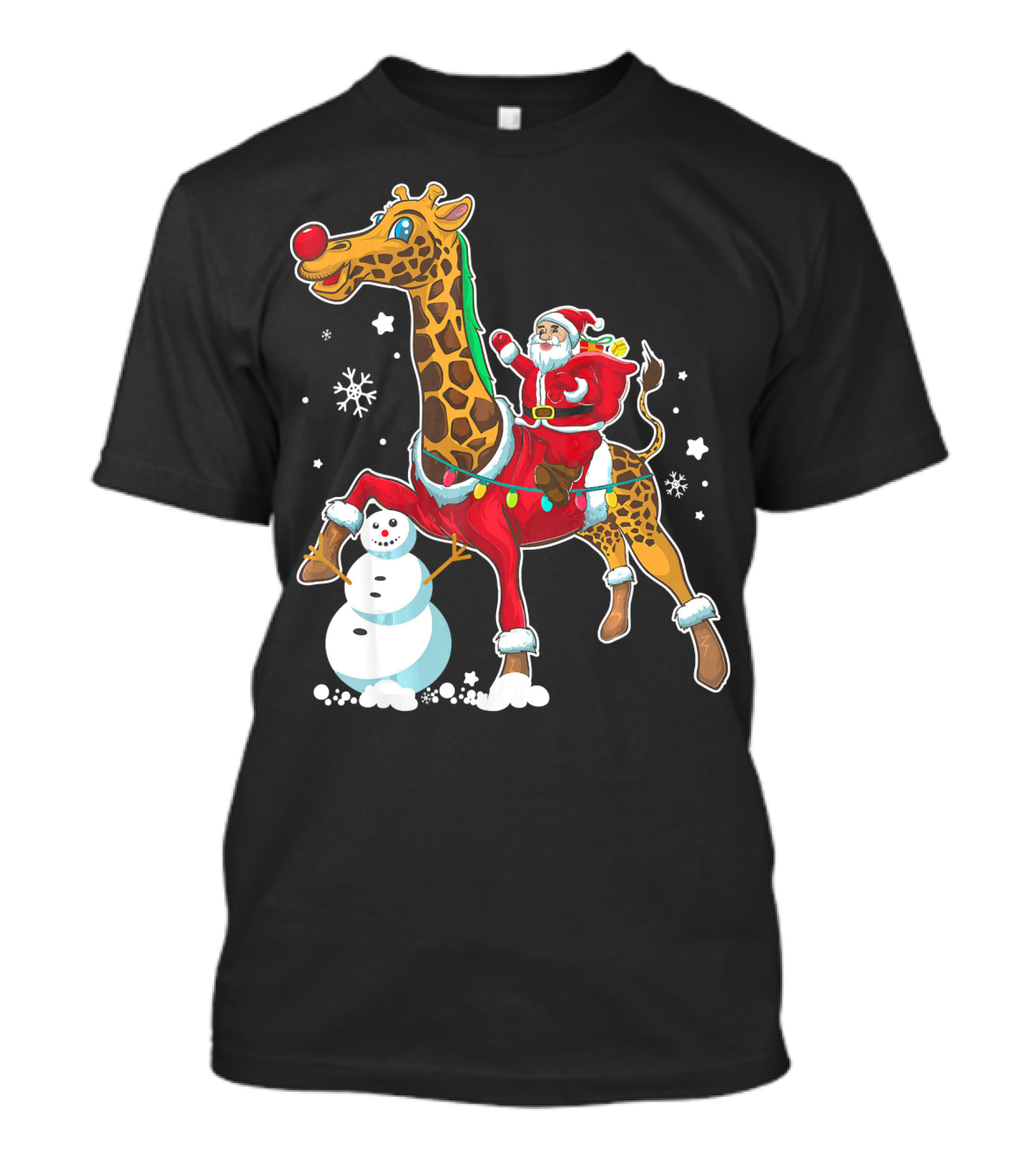 Santa Riding Giraffe With Snowman And Christmas Lights T-Shirt