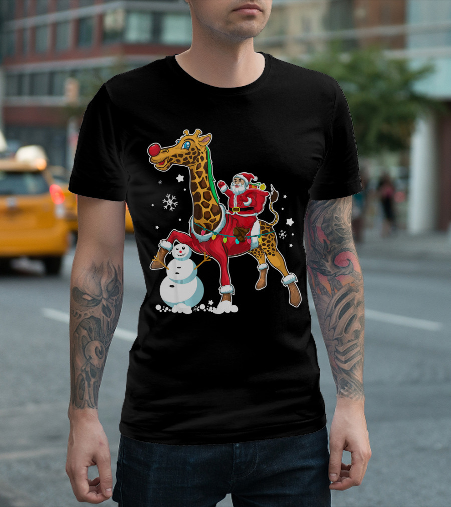 Santa Riding Giraffe With Snowman And Christmas Lights T-Shirt