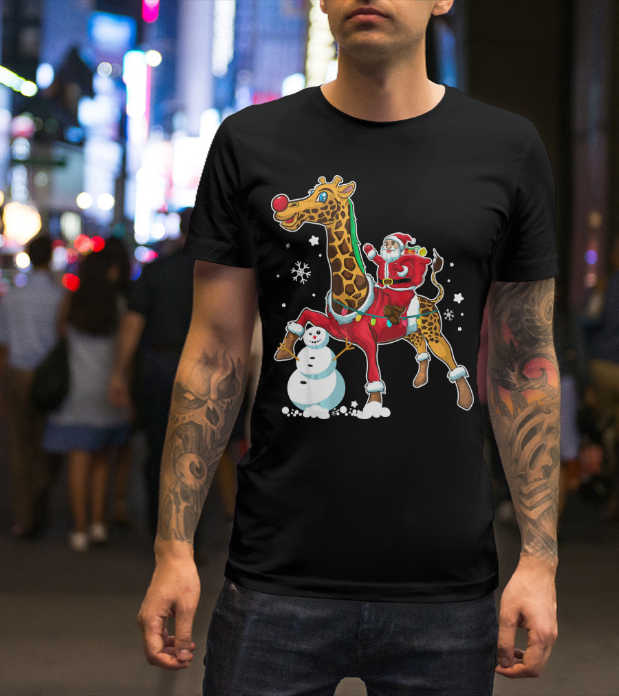 Santa Riding Giraffe With Snowman And Christmas Lights T-Shirt