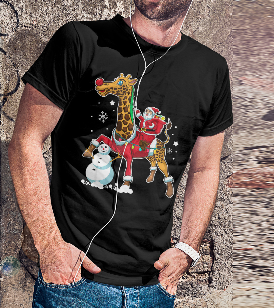 Santa Riding Giraffe With Snowman And Christmas Lights T-Shirt