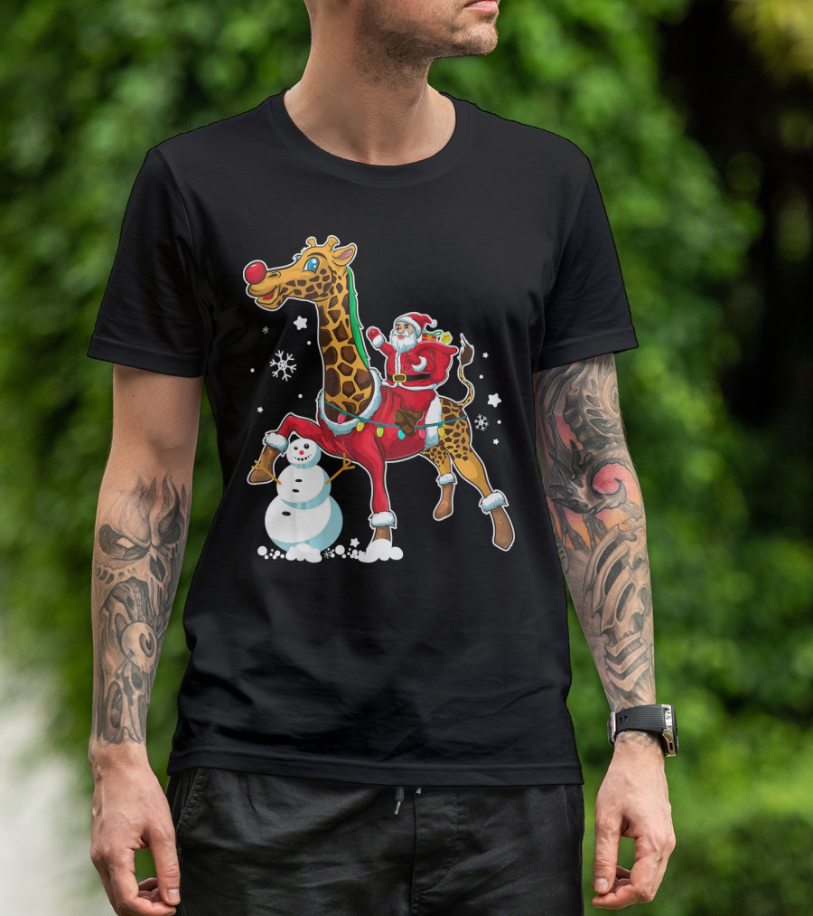 Santa Riding Giraffe With Snowman And Christmas Lights T-Shirt