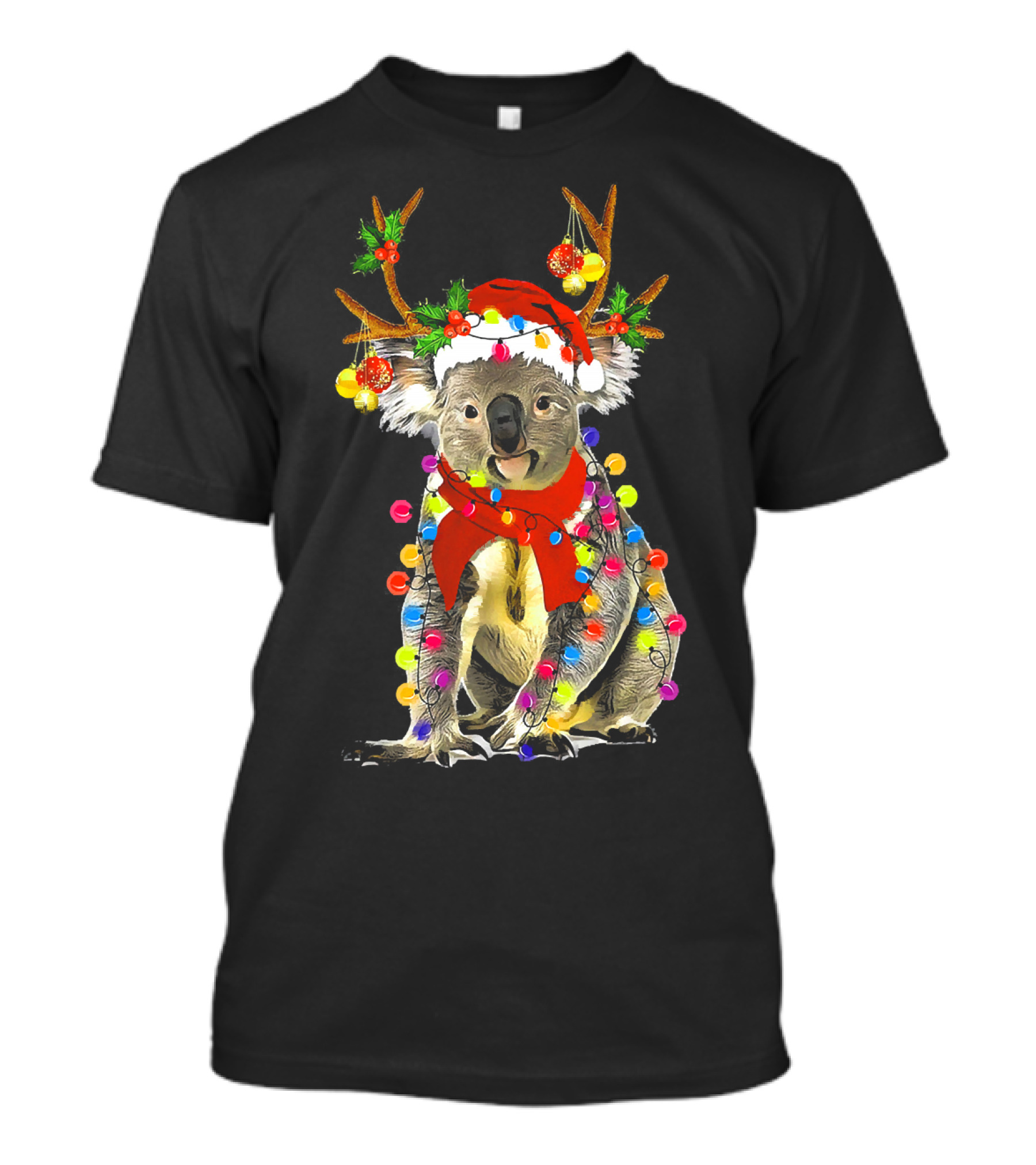 Santa Koala With Reindeer Antlers And Christmas Lights T-Shirt
