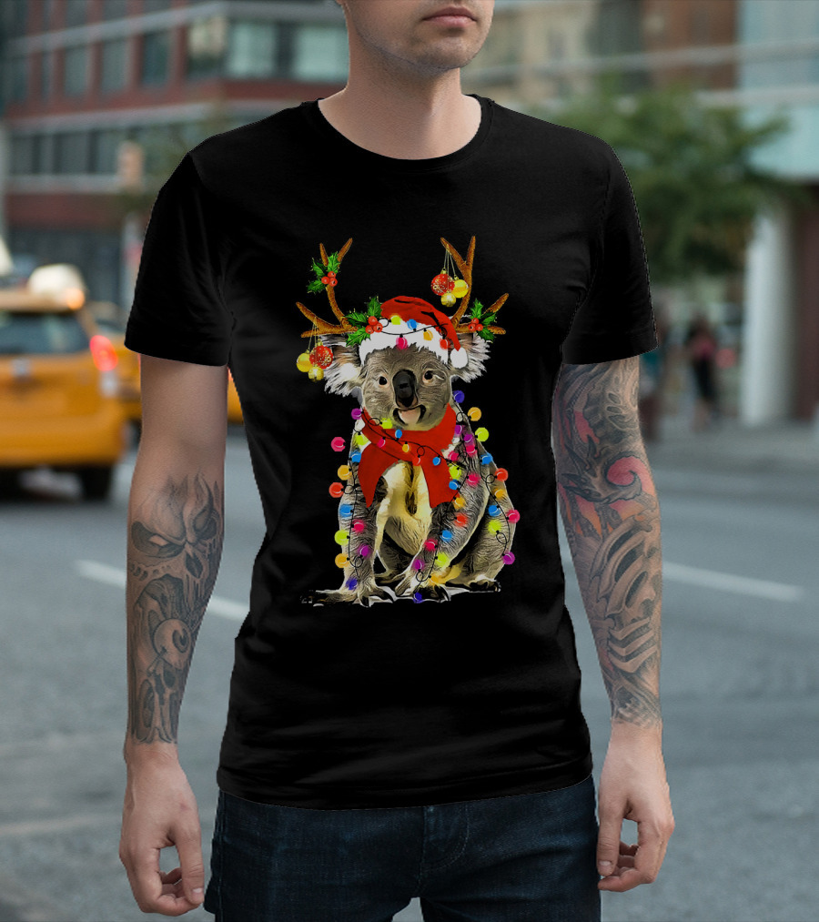 Santa Koala With Reindeer Antlers And Christmas Lights T-Shirt