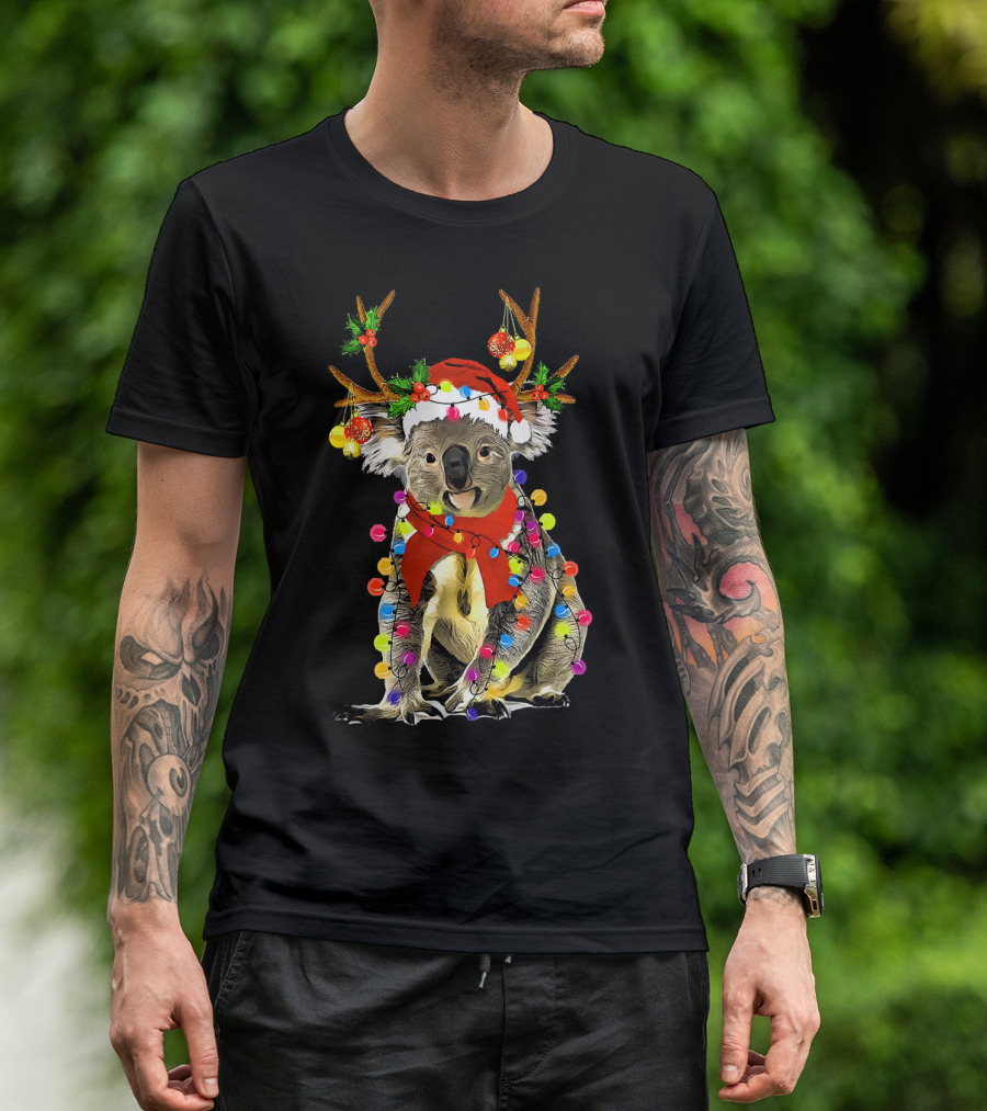 Santa Koala With Reindeer Antlers And Christmas Lights T-Shirt