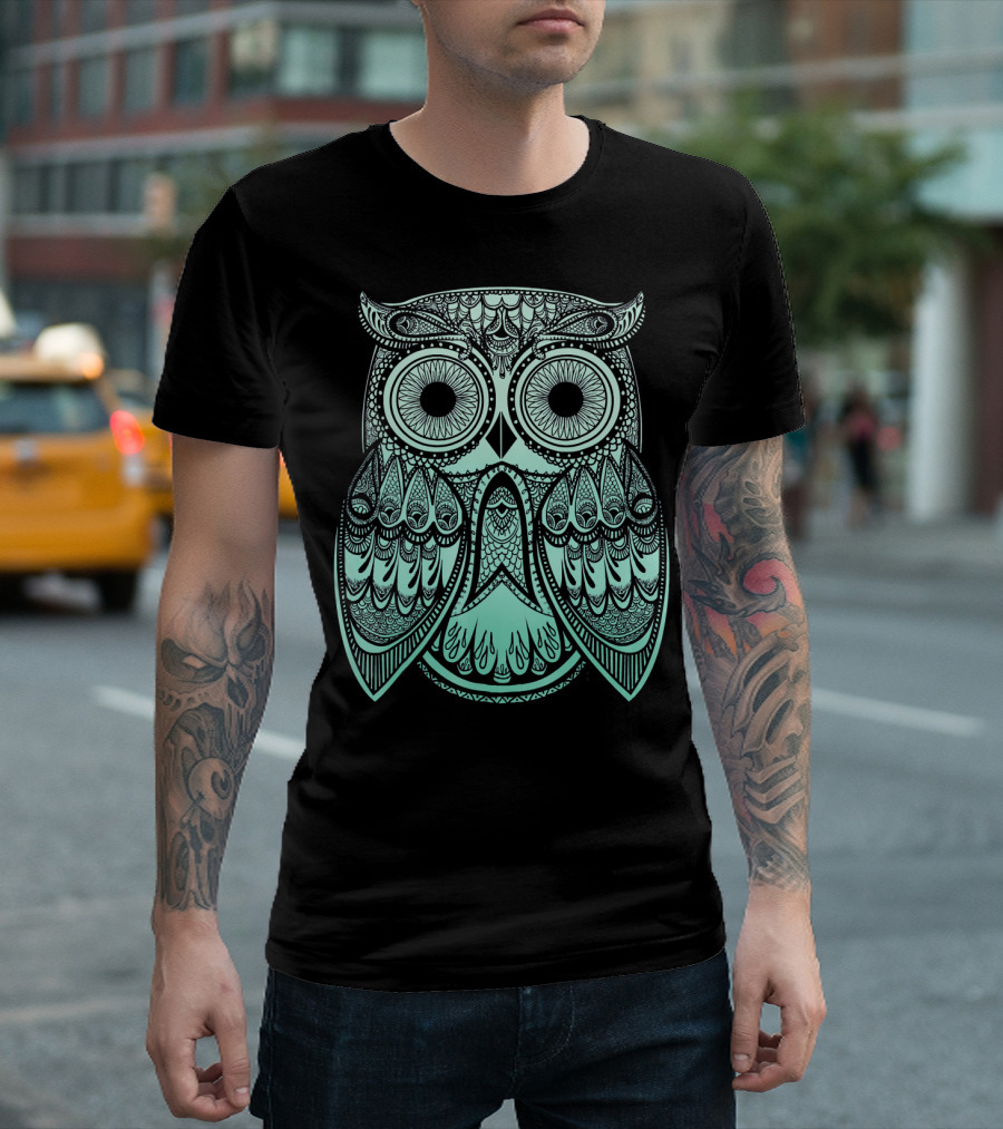 Teal Gradient Paisley Henna Owl Bohemian Mandala T-Shirt