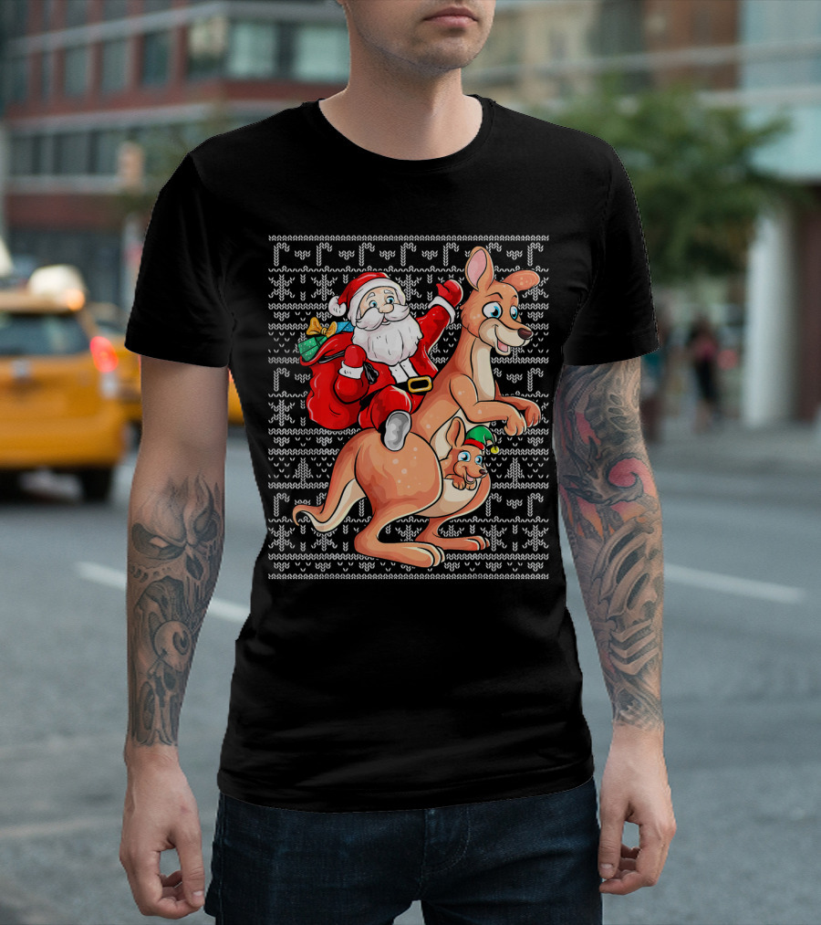 Santa Claus Riding Kangaroo With Christmas Gift In Australia T-Shirt