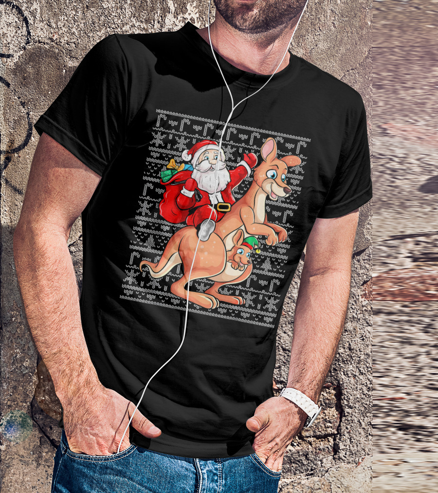 Santa Claus Riding Kangaroo With Christmas Gift In Australia T-Shirt