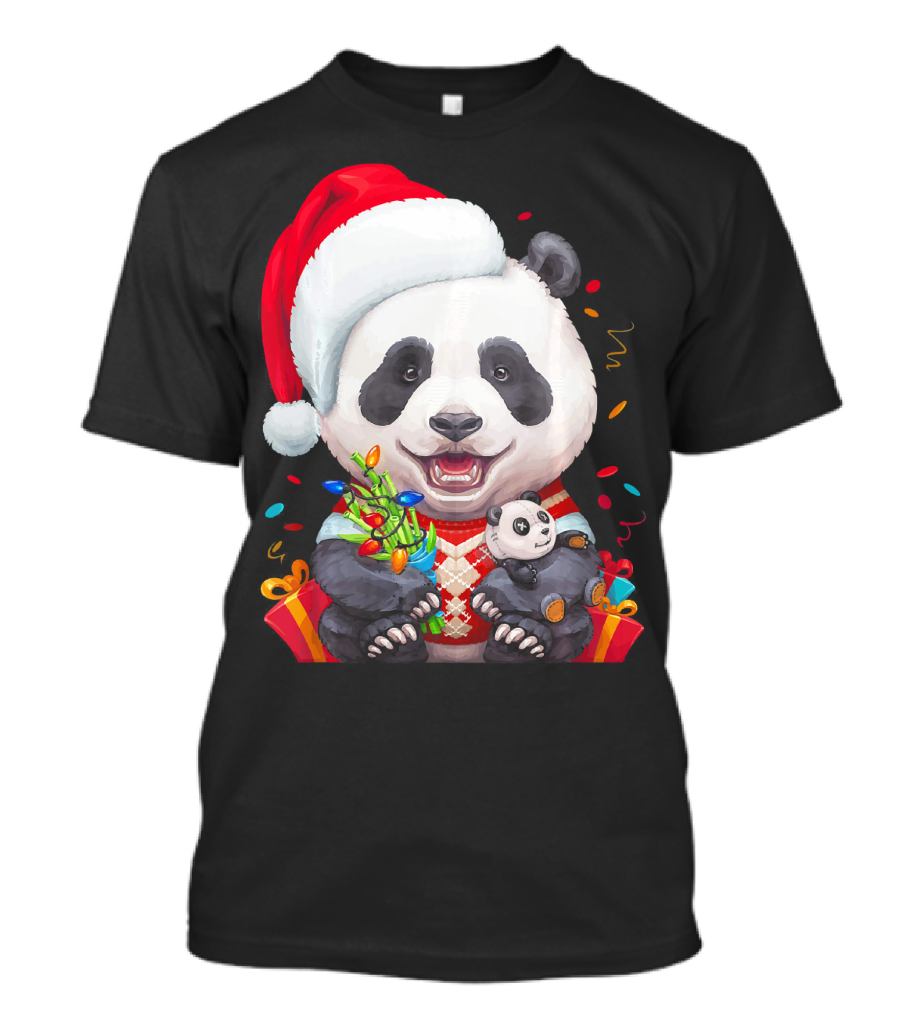 Smiling Giant Panda Bear With Christmas Lights And Santa Hat T-Shirt