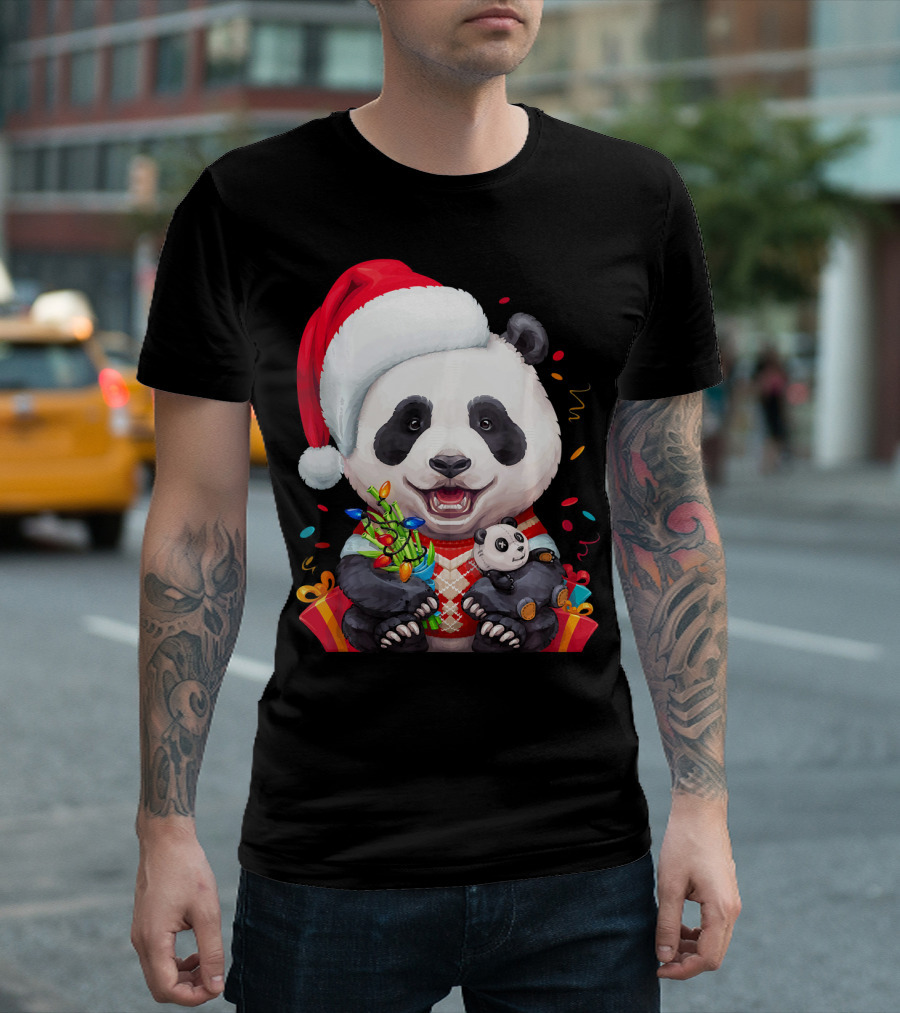 Smiling Giant Panda Bear With Christmas Lights And Santa Hat T-Shirt