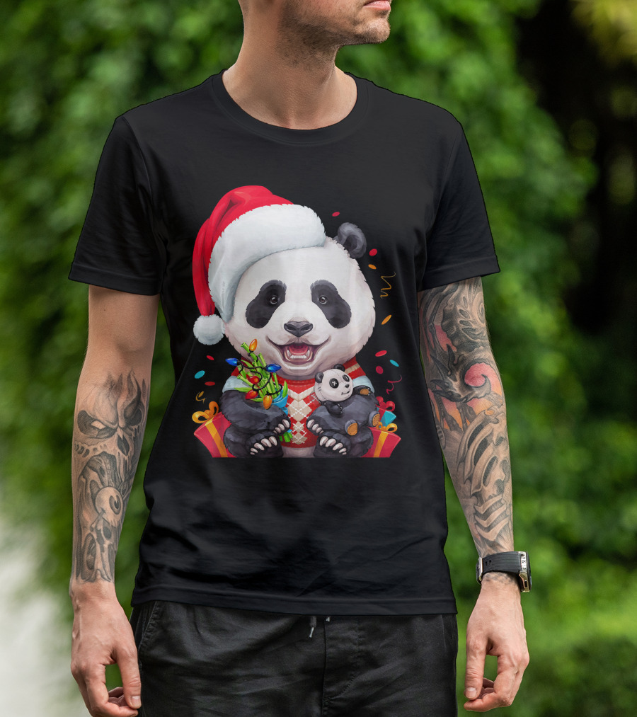 Smiling Giant Panda Bear With Christmas Lights And Santa Hat T-Shirt