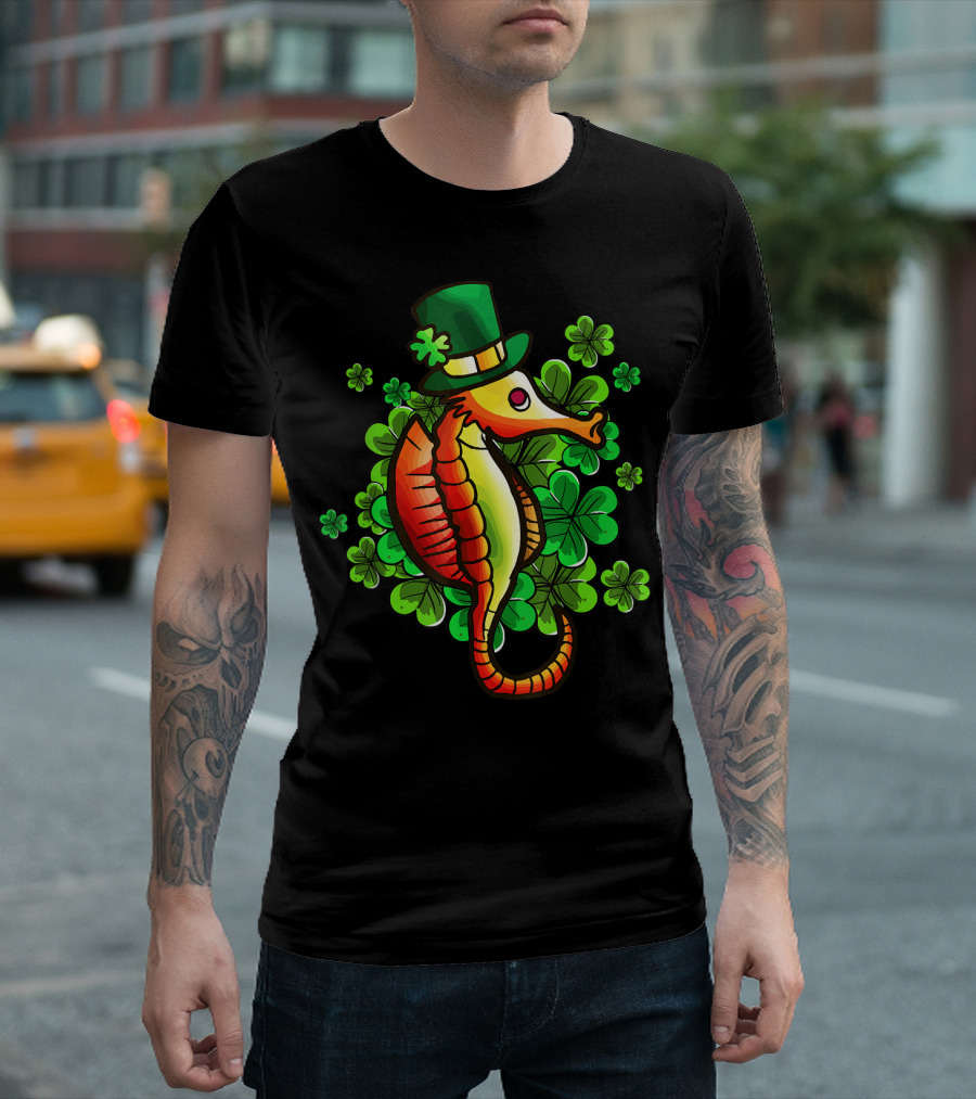Seahorse Leprechaun Green Hat Clover Luck T-Shirt