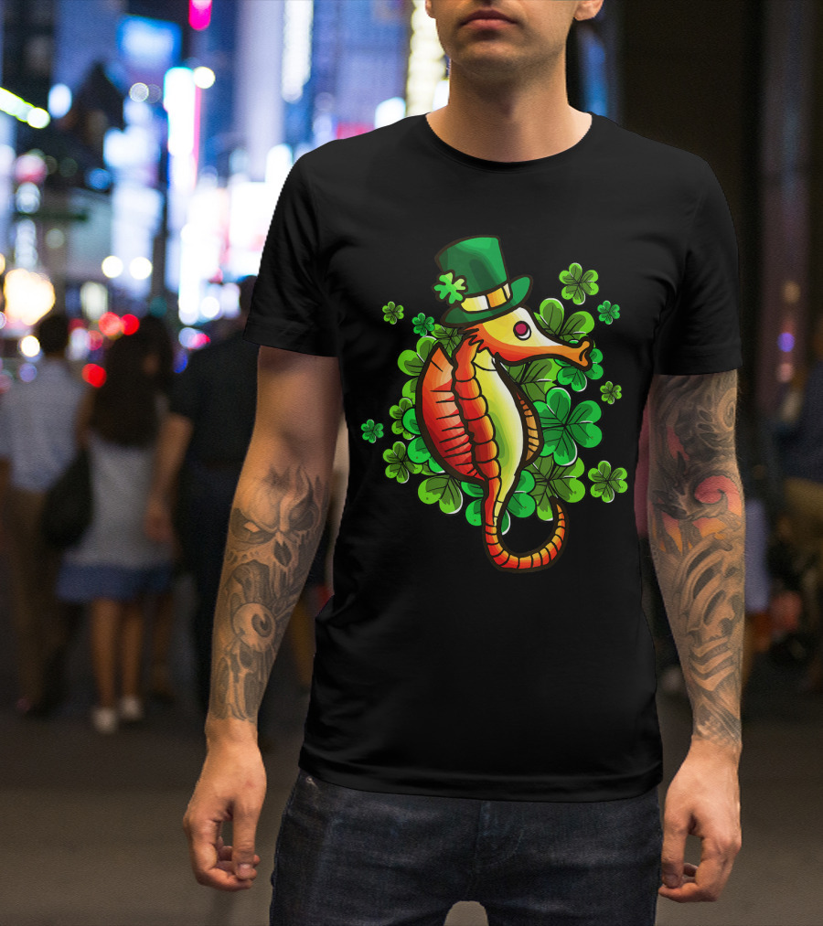 Seahorse Leprechaun Green Hat Clover Luck T-Shirt