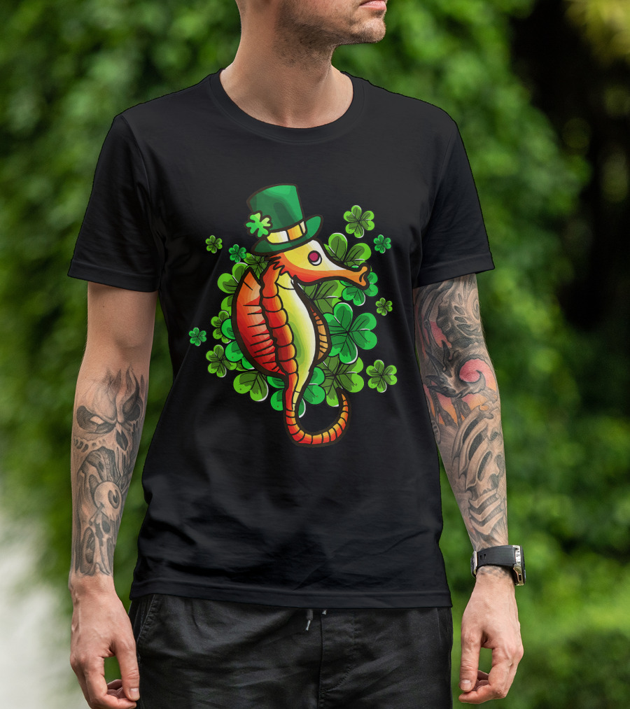 Seahorse Leprechaun Green Hat Clover Luck T-Shirt