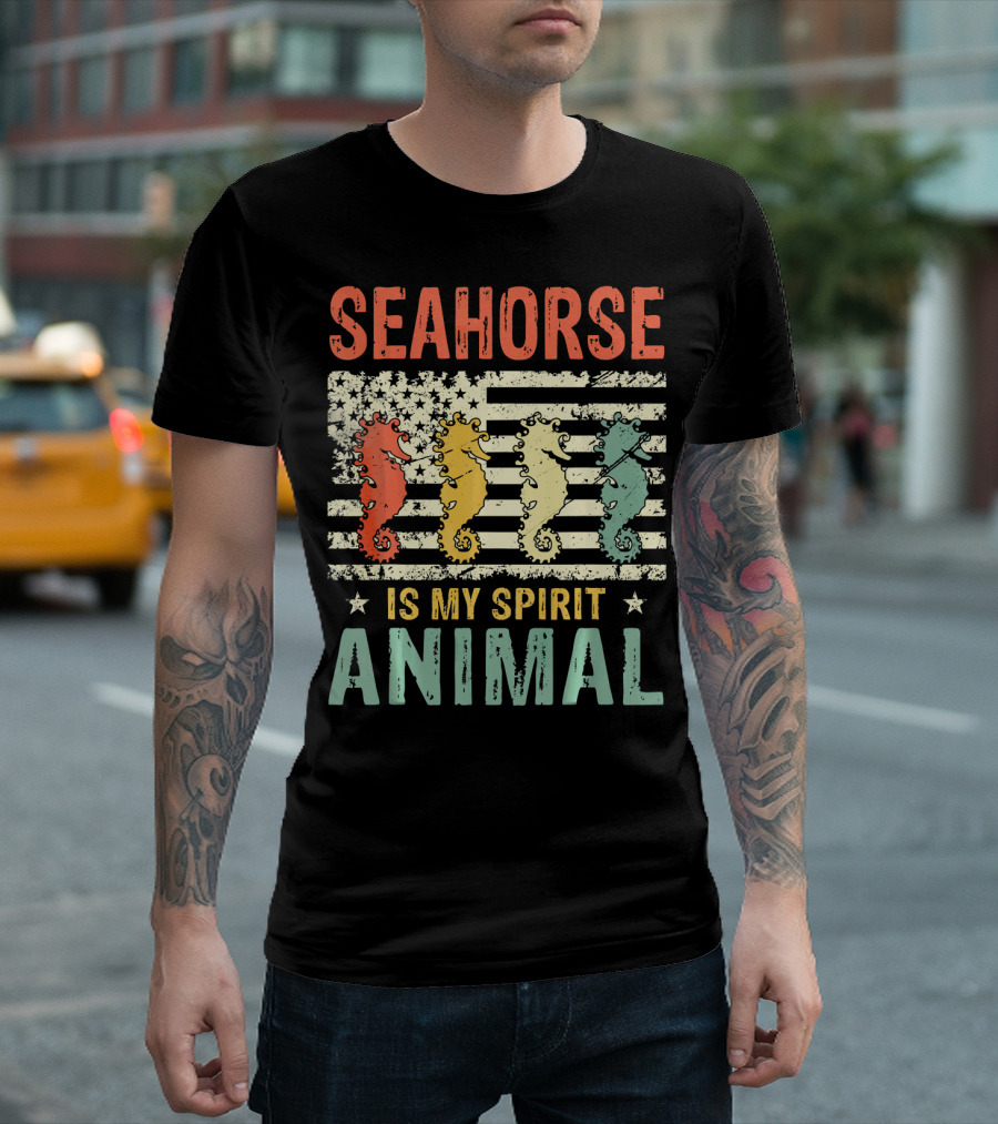 Vintage Seahorse Is My Spirit Animal Flag Retro Colors T-Shirt