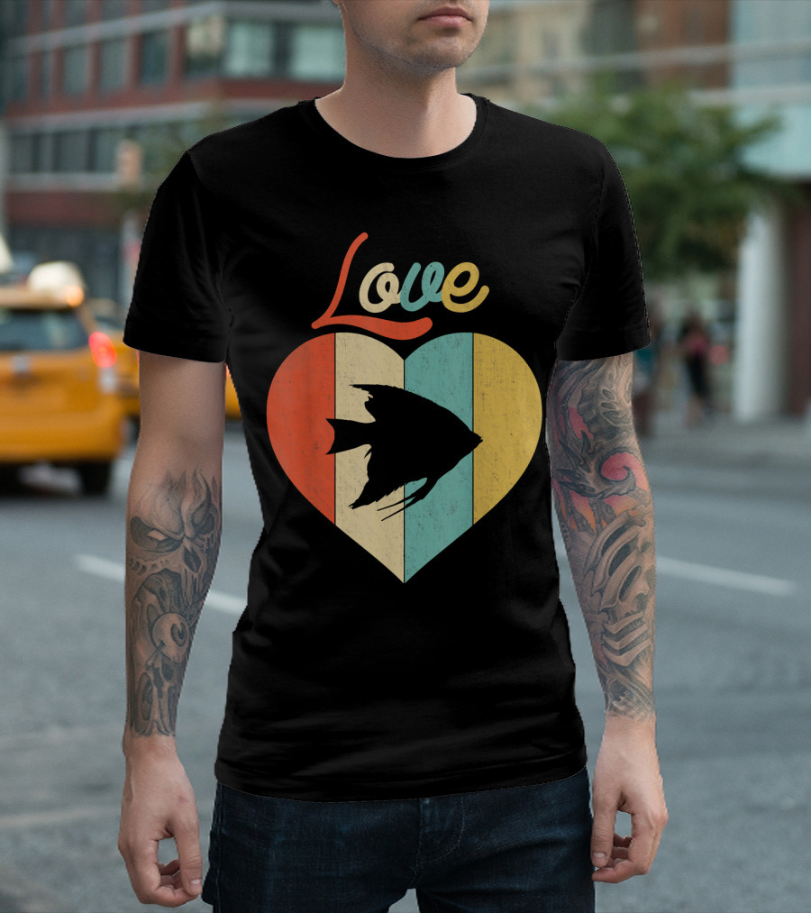 Love Heart With Angelfish Vintage Retro Stripes T-Shirt